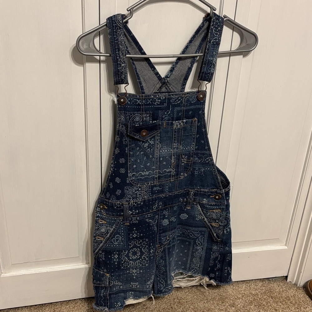 Denim Overall Shorts with Bandana Print